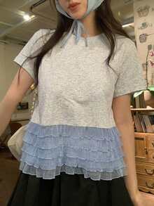 Livesso Women's Summer Casual Colorblock Ruffle Hem T-Shirt Vacation Cute Top - Grey - View 1