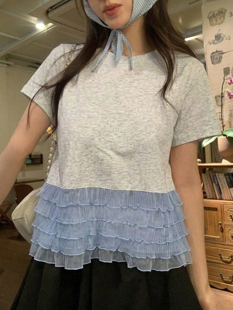 Livesso Women's Summer Casual Colorblock Ruffle Hem T-Shirt Vacation Cute Top - Grey - View 1