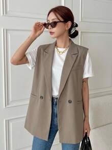 DAZY Women's Solid Color Lapel Double-Breasted Casual Sleeveless Business Blazer,Fall Clothes - Khaki - View 10