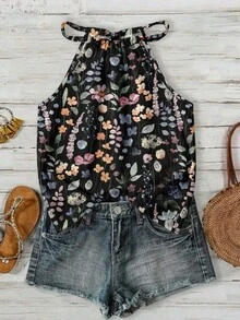 SHEIN LUNE Women's All-Over Floral Print Sleeveless Versatile Tank Top Suitable For Spring And Summer Vacation Black Floral Tropical - Multicolor - View 3