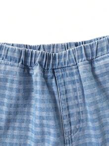SHEIN 女童老錢風休閒藍色度假格紋水洗寬鬆直筒牛仔褲，開學街頭風，日常出遊居家必備百搭寬鬆牛仔褲 - 淺色水洗藍 - 查看 7