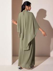 Veilorie Vestido árabe elegante de unicolor con cuello alto y diseño asimétrico para mujer - Verde - Ver 4