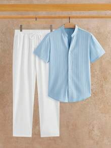 HIMLAND 2pcs/Set Men's Casual Woven Stand Collar Small V-Neck Short Sleeve Shirt Set - Baby Blue - View 6