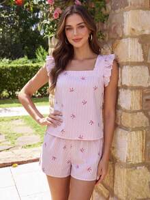 KARISMINA Casual Tiny Bow Striped Two-Piece Set For Vacation, Ruffle Sleeveless Square Neck Top And Relaxed Elastic Waist Shorts Daily Beach Outfits For Woman - Pink - View 5