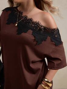 Elegantrix Plus Size Women's Spring/Summer Asymmetrical One-Shoulder Lace Patchwork Elegant Dress - Brown - View 4