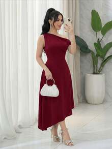 Feyla Women's Asymmetric Neck Solid Color Elegant Asymmetrical Hem Party Dress - Burgundy - View 1