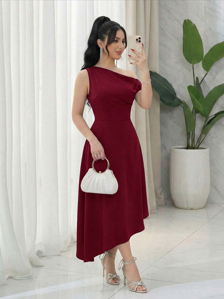 Feyla Women's Asymmetric Neck Solid Color Elegant Asymmetrical Hem Party Dress - Burgundy - View 1