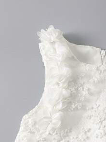 SHEIN Glamorique Kids 少女公主洋裝，3D刺繡網紗，3D蕾絲，白色，無袖，生日派對，婚禮節日，花童女童 - 白色 - 查看 6