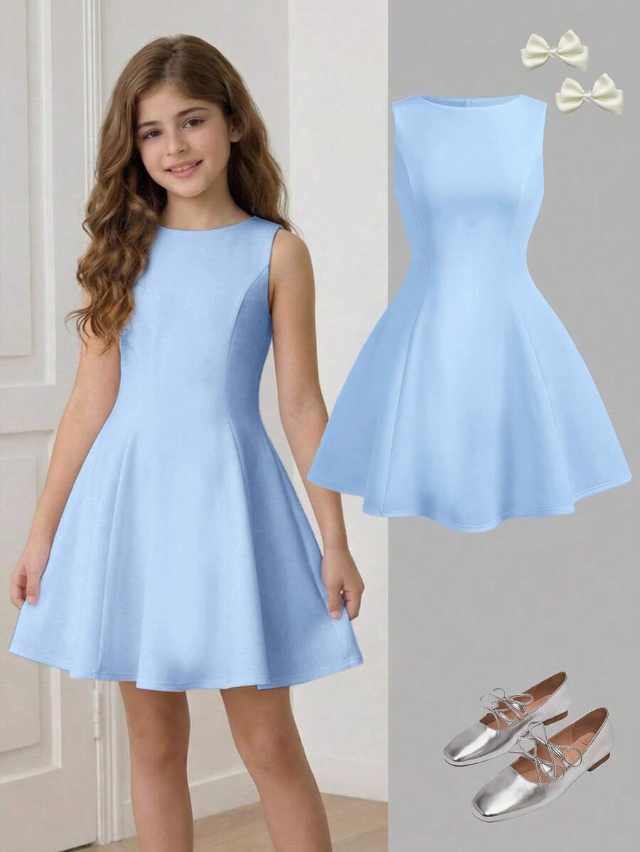 Girlism Váy công chúa trắng thanh lịch cho bé gái tuổi teen, phù hợp cho họp mặt gia đình, tiệc tùng, sự kiện và các dịp khác. - Màu xanh lam - Xem 1