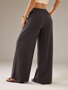 SHEIN PETITE Women's Solid Color Tie Waist Wide Leg Loose Casual Versatile Pants - Brown - View 2