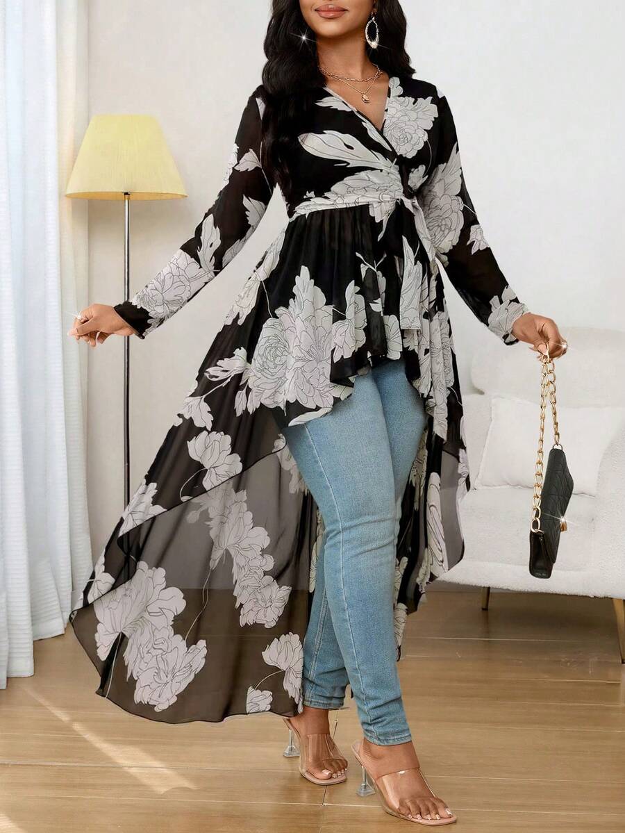 SHEIN Lady 女款花卉印花不對稱下擺襯衫 - 彩色 - 查看 1