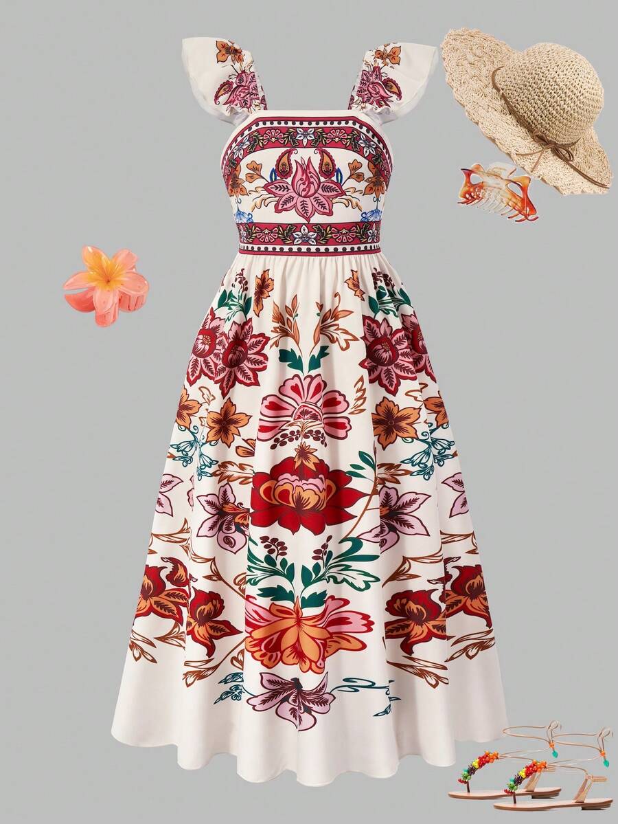 Tween Girl Red Floral Spaghetti Strap Homecoming Dress US Fall Style Fall Outfits Fall Dress - Multicolor - View 1