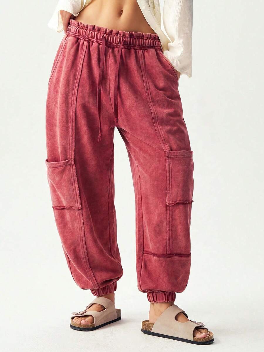 Bohemela Casual Solid Color Knit Loose Cuffed Sweatpants For Women - Burgundy - View 1