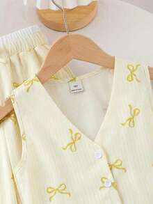 SHEIN LMoss Kids 青少年女孩優雅時尚條紋拼接無袖套裝 - 黃色 - 查看 4