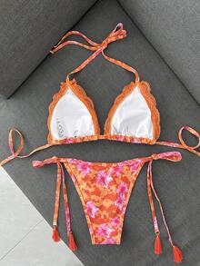 Swim Vcay 女士挂脖比基尼套装，2件套蕾丝装饰休闲性感泳装，适合海滩度假，随机橙色花卉印花 - 彩色 - 查看 2