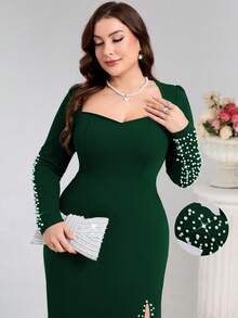 Coutiva Đầm dạ hội chính thức size lớn đính ngọc trai giả, xẻ tà gấu váy (thiết kế tinh xảo) - màu xanh lá - Xem 8