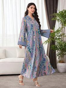 SHEIN Najma 女款花卉印花休閒派對旅行阿拉伯風洋裝 - 藍色 - 查看 3