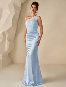 Coutiva Asymmetric Neck Lace Patchwork Satin Mermaid Hem Evening Gown Strapless Backless Dress,Fan-Shaped Pearl Ribbon Design Bodycon Evening Gown,Formal - Blue - View 6