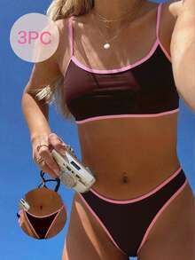 Swim Mod 2025 Women's New 3-Piece Set Spaghetti Strap Wire-Free Solid Color Shoulder Strap Separate Double Bikini Swimsuit - Brown - View 7