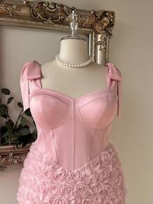 Lovelzi Plus Size Elegant Romantic Sexy Pink Strapless 3D Floral Fabric Waist-Defining Bodycon Short Party Wedding Cocktail Dress Wedding Spring - Pink - View 6