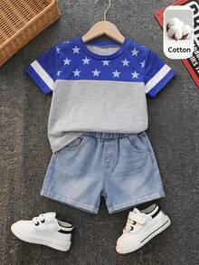 SHEIN 2pcs Kids Boy Independence Day Summer Outfit,Flag And Star Pattern Short Sleeve Round Neck Knit T-Shirt And Denim Shorts Set,Casual Comfortable Loose - Multicolor - View 3