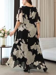 Reflora Plus Size Floral Print Square Neck Ruffle Sleeve Dress,Birthday Outfit For Women,Prom Dress,Elegant Long Party Dress,Graduation Outfit For Mother - Multicolor - View 5