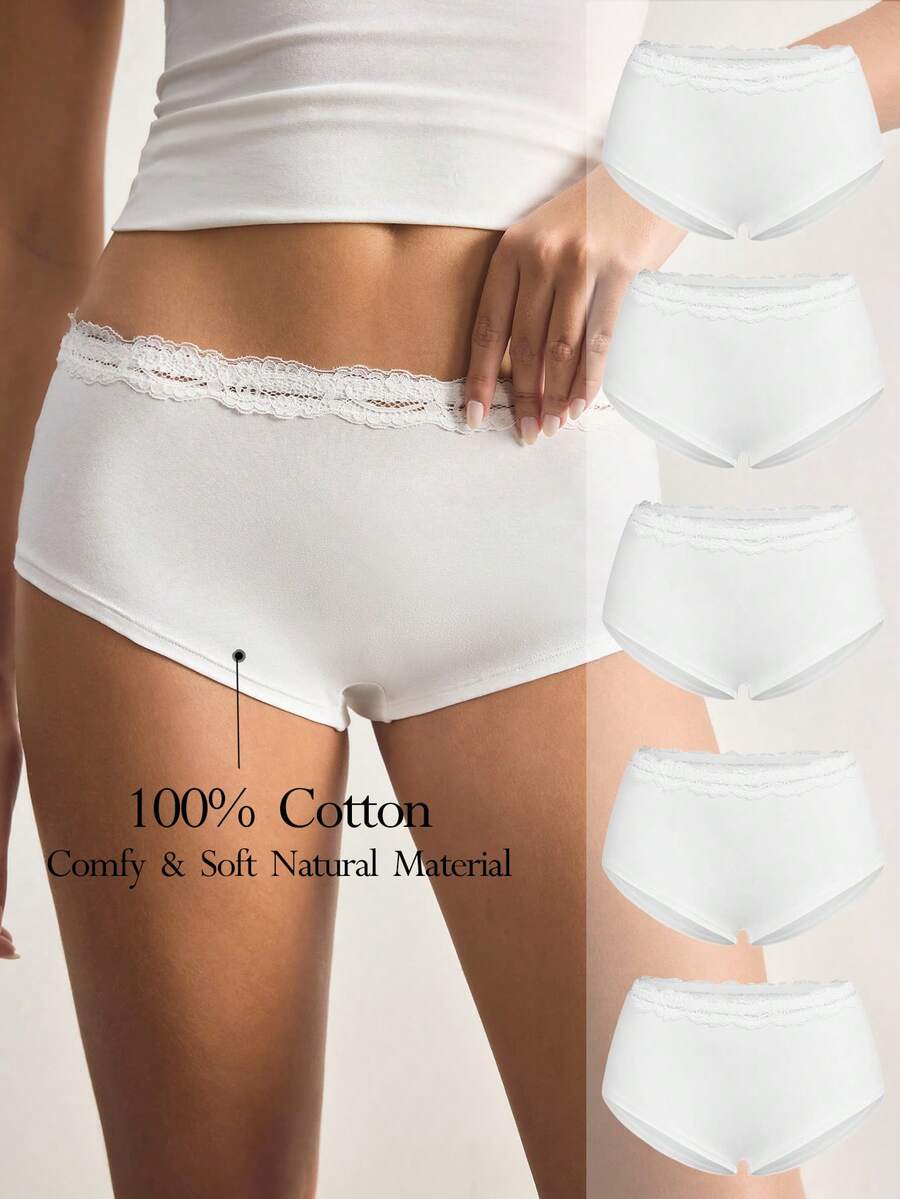 Ocili 5 chiếc quần short thể thao nữ màu trắng cơ bản, chất liệu cotton, ren, cạp thấp, thoải mái, tối giản, mềm mại, 100% cotton, kiểu dáng thanh lịch, thích hợp cho mùa thu. - trắng - Xem 1