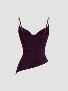 Sweetra Áo tank top nữ thời trang mới đa năng, chất dệt kim bóng, chiết eo, cổ bèo và gấu áo bất đối xứng - Màu đỏ tím - Xem 2