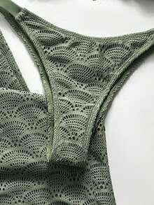 SHEIN Swim Chicsea 26SS 春夏度假海灘波希米亞風編織棕紅色比基尼泳衣附長褲 3件組 - 綠色 - 查看 5