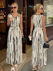 EMERY ROSE Damen gestreifter Kontrastfarben V-Ausschnitt Bindung locker weit geschnittener Jumpsuit Strandurlaub Beige Sommer Boho tropisch lässig - Verschiedenfarbig - Übersicht 3
