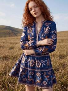 CAJUNI Women's Short Dress, Long Sleeve, Small Palm Print, Pastal Tropical Style Design Golf Autumn Sexy - Navy Blue - View 5
