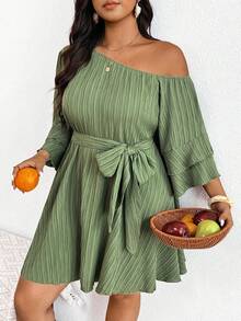 SHEIN Frenchy Plus Size Autumn Belted Asymmetrical Neckline Ruffle Sleeve One Shoulder Dress Elegant Vacation Going Out Cocktail Tea Party Wedding Guest Sage Green - Green - View 6