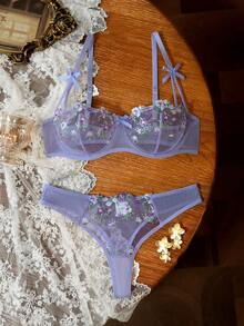 SHEIN 2 pièces/Set Ensemble de lingerie rose romantique, mignon et sexy - Prune - Voir 4