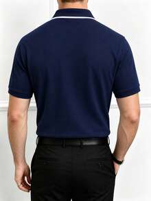Core Aspect Áo polo nam cao cấp kẻ sọc, thiết kế cổ áo có khóa kéo, dáng ôm, phong cách công sở thường ngày, mùa hè. - Màu xanh lam - Xem 2