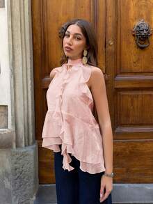 Siren Gaze Top de cuello halter con volantes y lazo, moda dulce para mujer, primavera/verano - Rosa - Ver 6