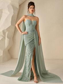 Coutiva Women's Contrast Lace Ribbon Design Pleated Elegant Side Slit Evening Gown - Mint Green - View 5