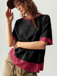 Bohemela Casual Knit Colorblock Crew Neck Short Sleeve Loose Fit Women's T-Shirt - Black - View 6