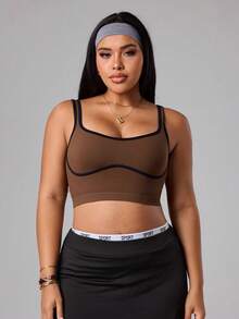 SHEIN Rhythm Era Damen Sport-Tanktop in Große Größen mit Kontrastfarbe, gerafften Ärmeln und Off-Shoulder, geeignet für Yoga, Radfahren, Tennis - Kakao - Übersicht 3