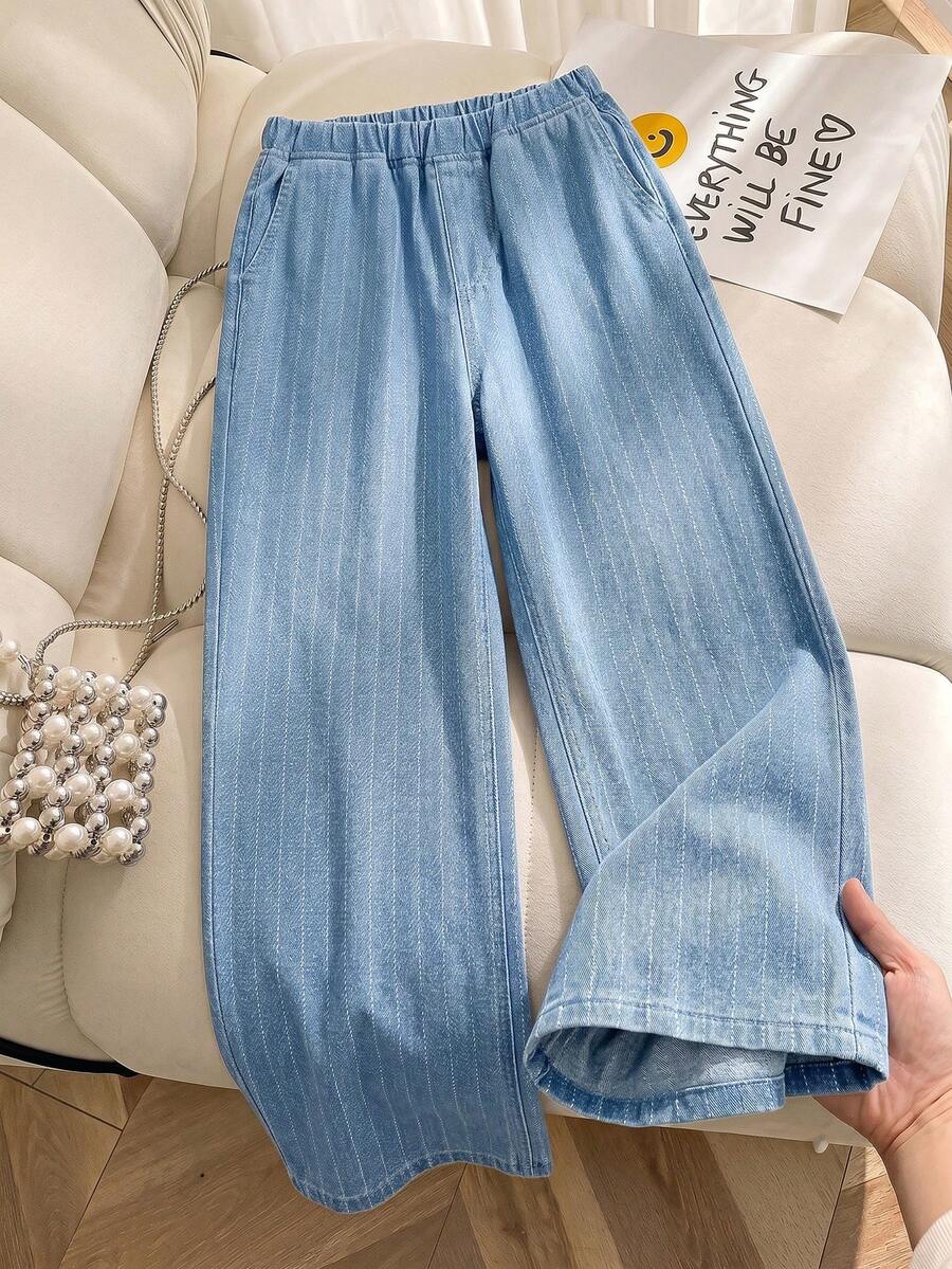 SHEIN Teen Old Money Casual Blue Vacation Striped Washed Loose Straight Leg Jeans, Back To School Street Style, Daily Outing Home Essential Versatile Loose Jeans For Girls