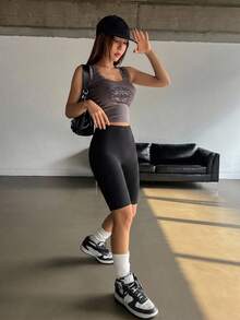 DAZY Solid Color Slim Fit Women's Crop Leggings Tights - Black - View 11