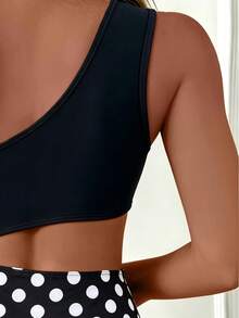 SHEIN Swim 女款一件式不對稱單肩純色與豹紋拼接無袖休閒舒適度假泳衣 - 彩色 - 查看 4