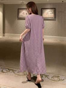 DAZY All-Over Pattern Lightweight Round Neck Short Sleeve Long Dress Summer Outfit Women's Nightgown - Purple - View 2