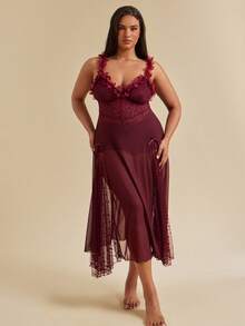 SHEIN BAE CURVE 大码女式性感蕾丝花网眼吊带裙，鱼骨腰设计 - 紫紅色 - 查看 4