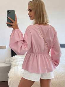 DAZY Set pigiama da donna 2 pezzi con blusa ampia decorata con fiocco e pantaloni corti, outfit primavera estate, tonalità rosa - Rosa - Visualizzare 2
