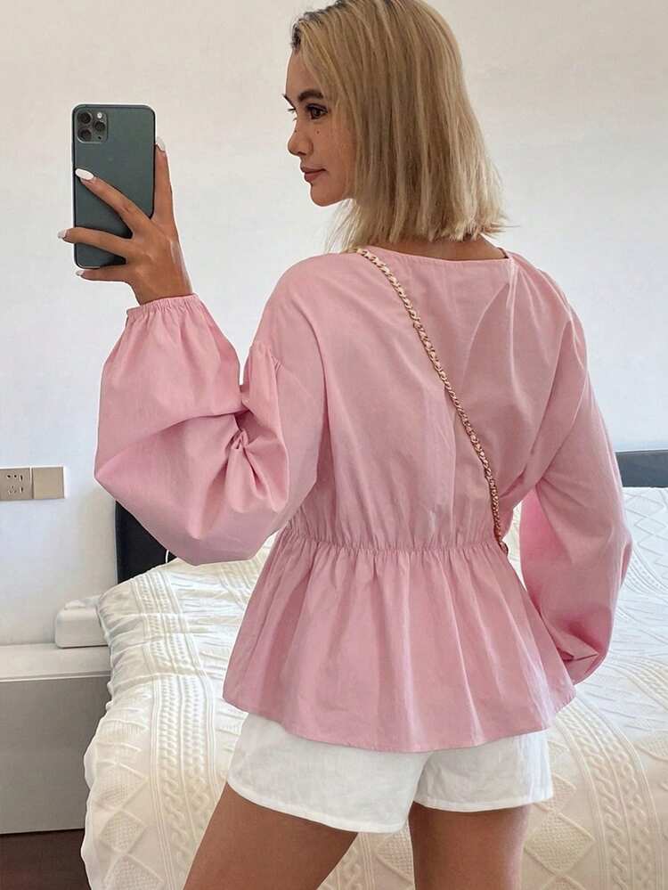 Bowknot Decor Loose Sweet Blouse & Short Pajama Pants 2pcs Set Spring Summer Outfit Pink Tone Women's Pajama Set