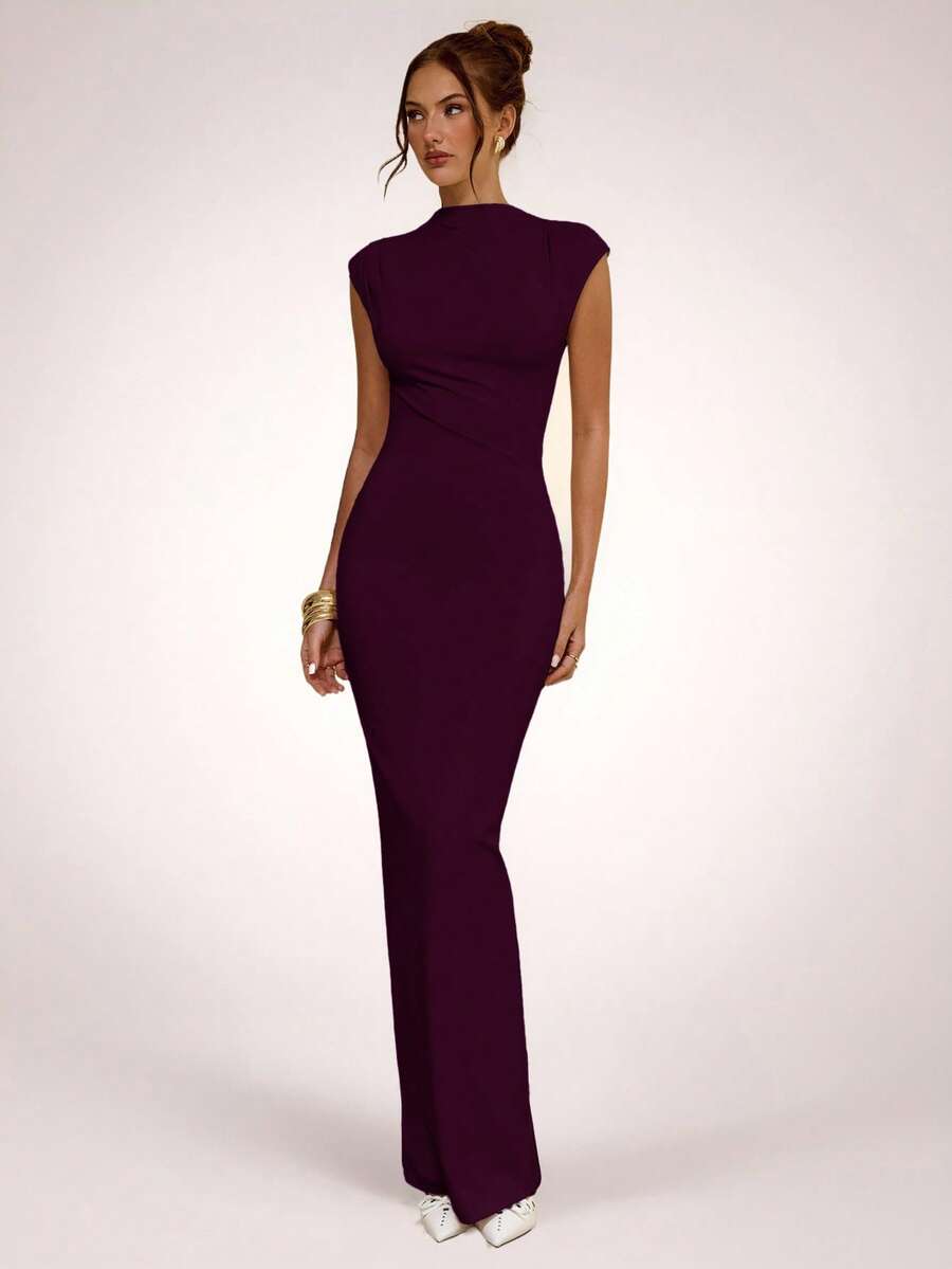 SHEIN BAE Spring/Summer Solid Plum Purple Asymmetric Ruched Fitted Slim Fit Maxi Elegant Dress, Basic Minimalist Elegant Long Dress Party - Maroon - View 1