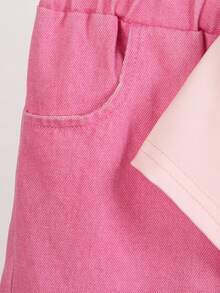 Elladie kids 2件組少女夏季新款酷女孩風粉色卡通動漫短袖T恤與粉色多色水洗休閒寬鬆多口袋設計工裝牛仔褲套裝，適合街頭風、日常出遊、派對、音樂節、慶典、返校、春夏季出遊 - 粉色 - 查看 8