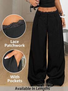SHEIN Tall CURVE 大码女装夏季街头风商务休闲优雅约会之夜办公室穿搭，时尚简约撞色蕾丝黑色长裤 - 黑色 - 查看 1