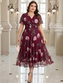 Reflora Plus Size Women's Summer Dress Elegant Dress Office Dress Mesh Dress Stretchy Dress Short Sleeve Dress Long Dress - Burgundy - View 4