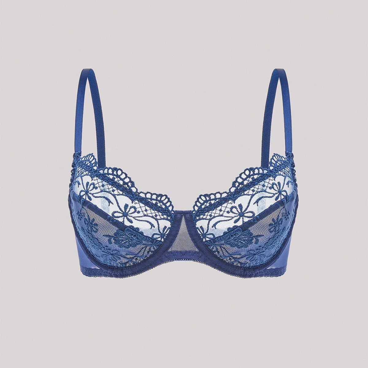 Sujetador de encaje de malla azul marino con estampado floral romántico para mujer, sin relleno, con elasticidad media, ropa interior para verano